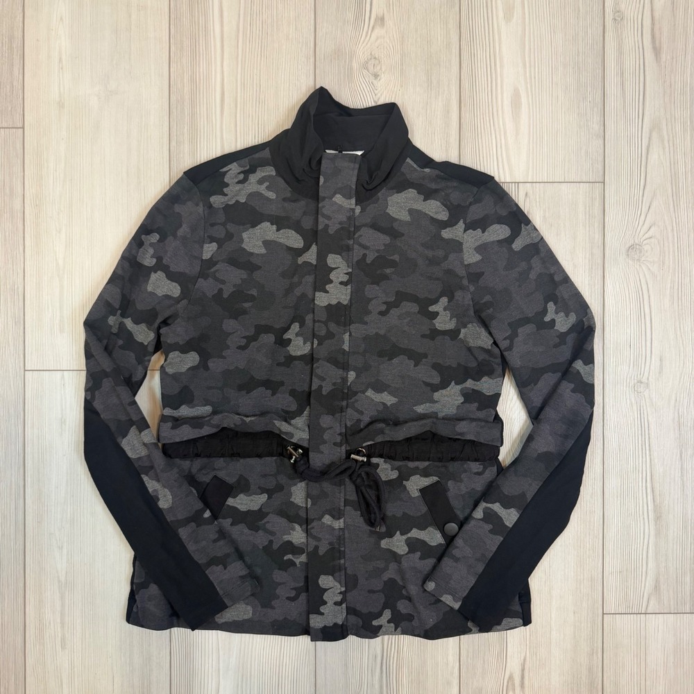 Cabi 3911 ATC Camo Jacket Grey Black Camouflage Mock Neck Cinch Waist Medium